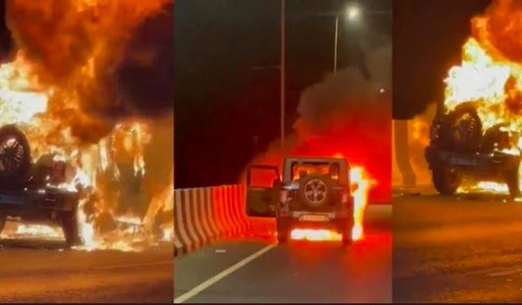 Mahindra Thar caught fire while driving, car burnt down in minutes