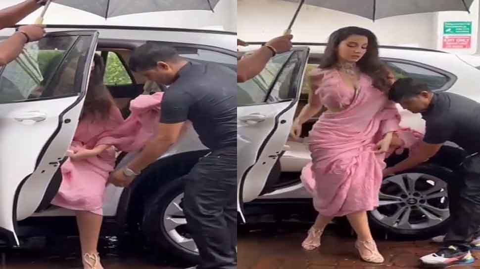 Nora Fatehi got upset in Mumbai rains, lifting her sari till her knees, reached the vanity van like this!