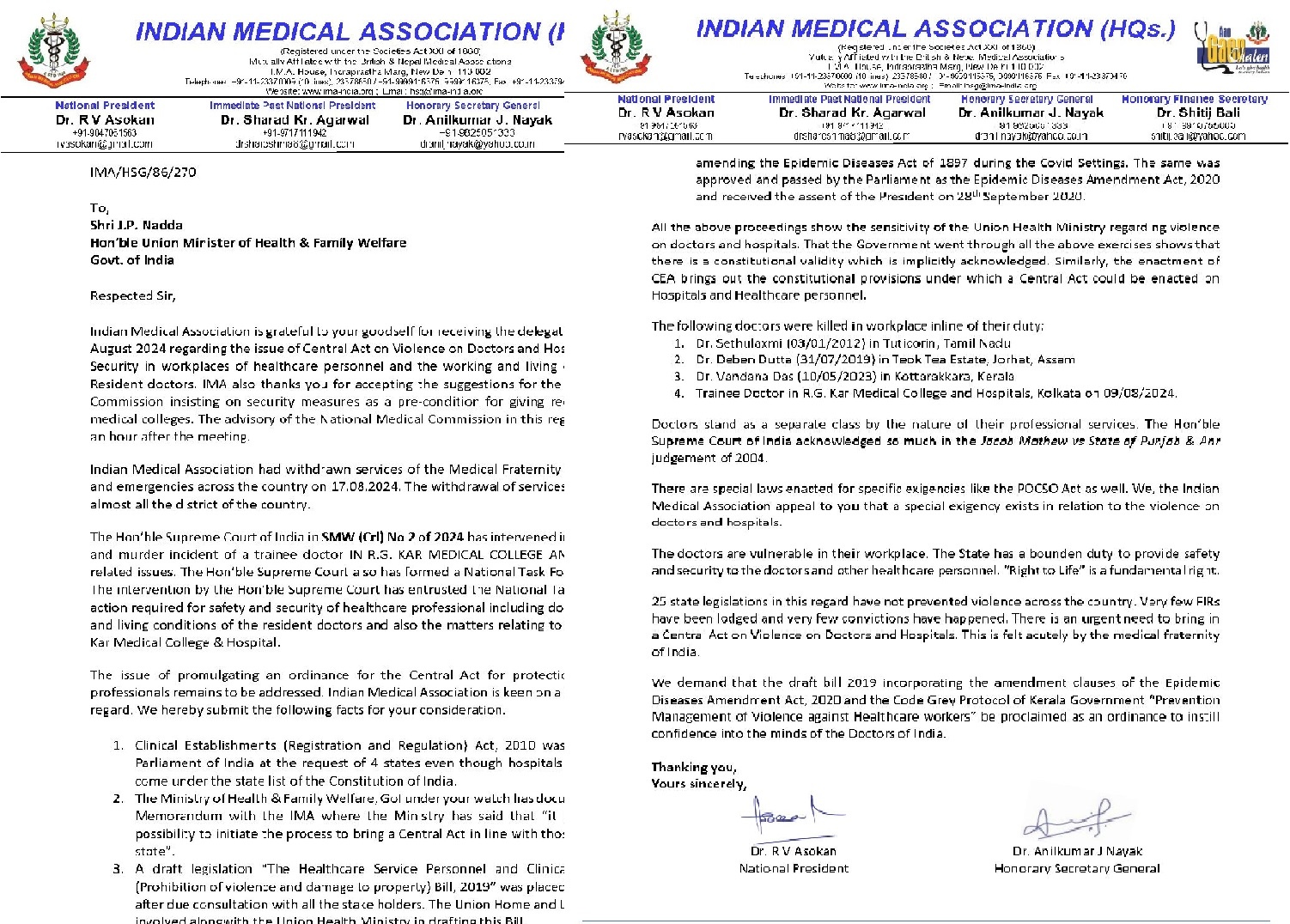 Indian Medical Association Urges Union Health Minister to Implement Ordinance for Healthcare Workers Protection