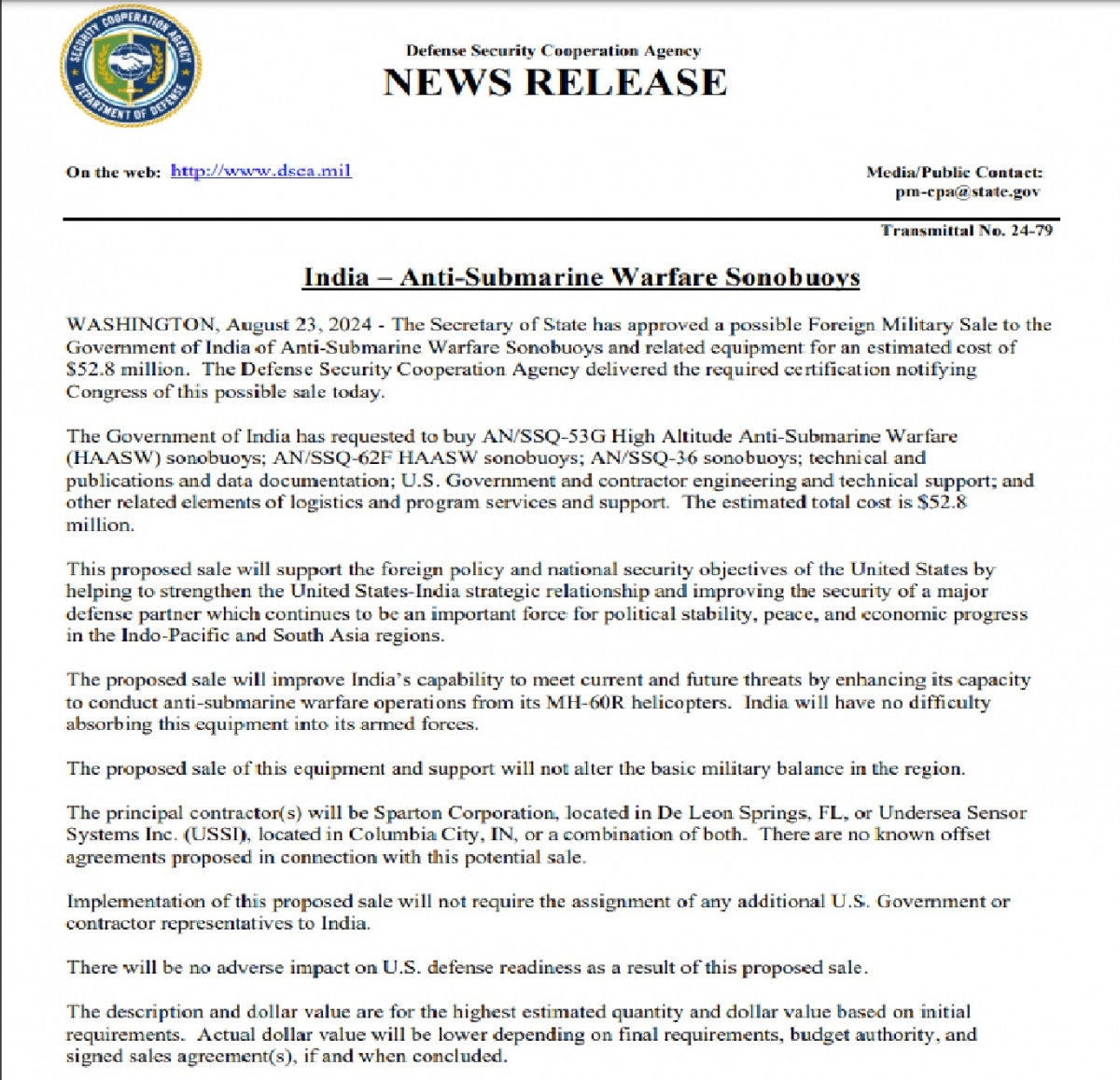 U.S. Secretary of State Approves USD52.8 Million Military Sale to India for Anti-Submarine Warfare Sonobuoys