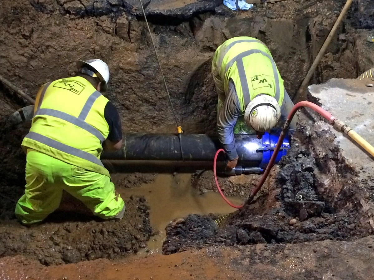 Los Angeles workers replace damaged water pipe in West Hollywood